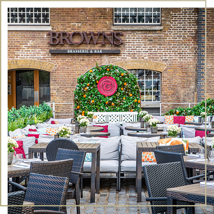 Outdoor restaurant seating at Browns West India Quay
